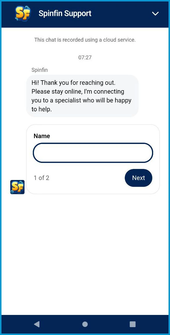 24/7 live chat ondersteuning beschikbaar bij Spinfin Casino