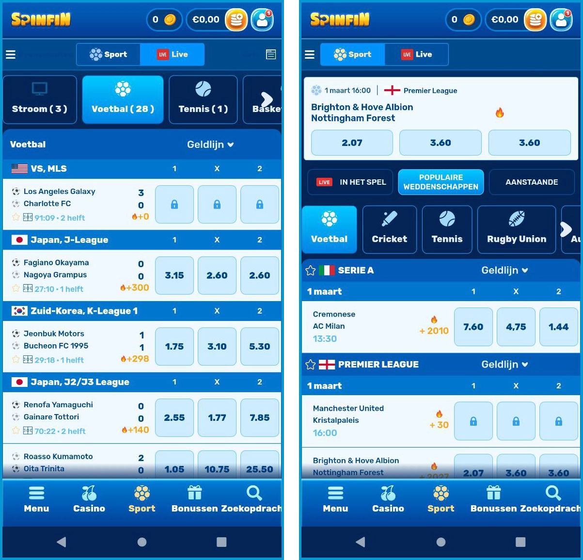 Live sportweddenschappen op Spinfin Casino