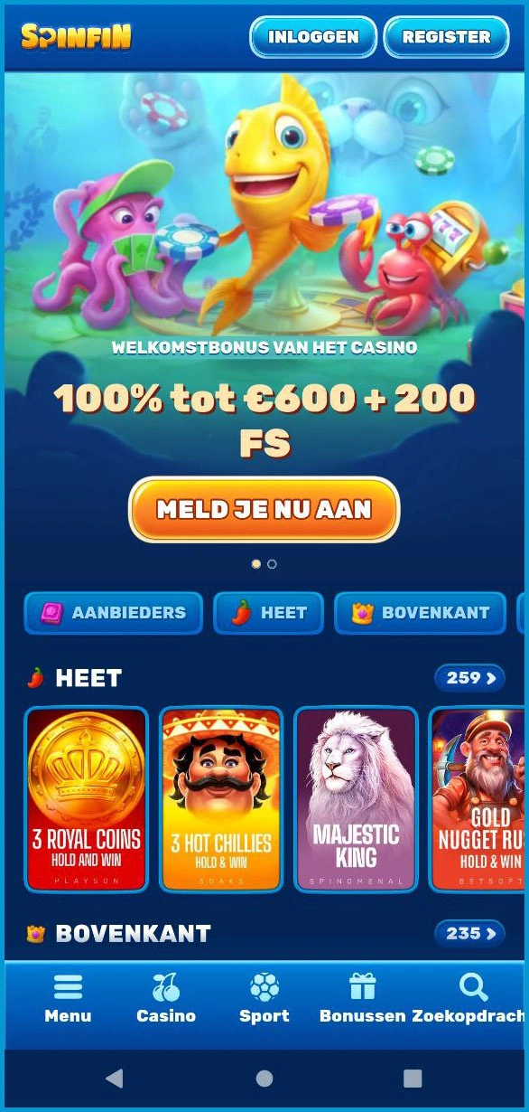Mobiele versie van Spinfin Casinovoor snelle toegang