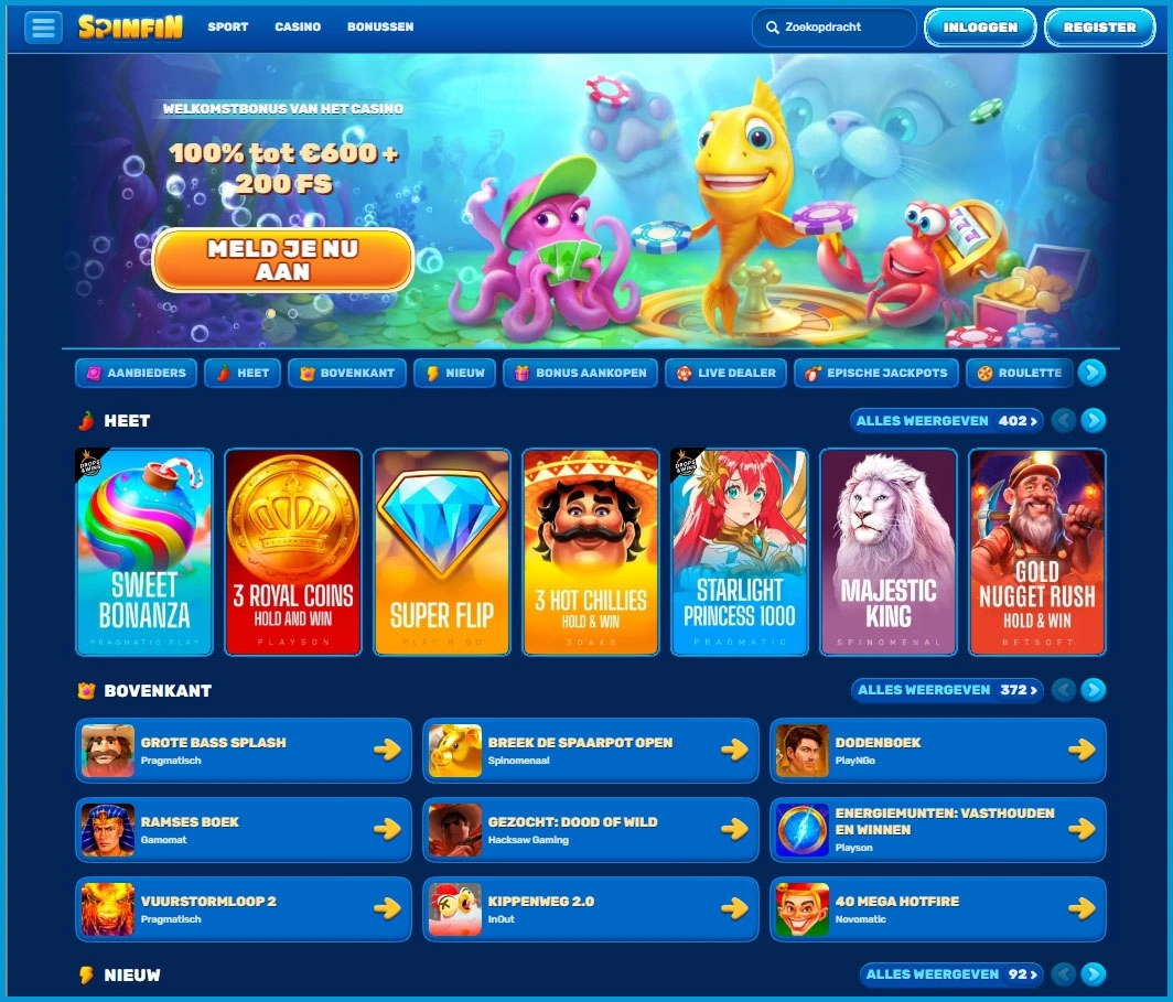 Overzicht van de hoofdcategorieën bij Spinfin Casino